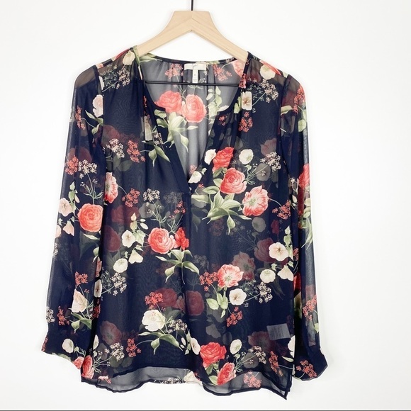 Joie Black & Red Rose Floral Print 100% Silk Long Sleeve Sheer Popover Blouse - Picture 1 of 7